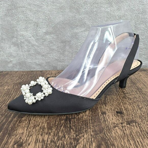 Adrienne Vittadini Suza Slingback Kitten Heels 7.5 Black Pearl Rhinestone Formal - Picture 1 of 15